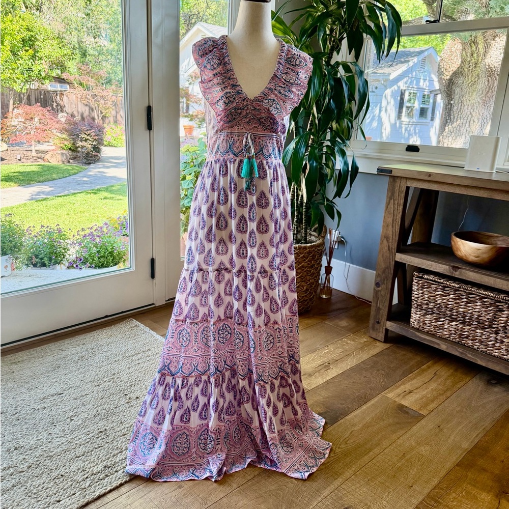BELL By Alicia Bell Lavender Paisley Maxi Dress with Turquoise Tassels.
